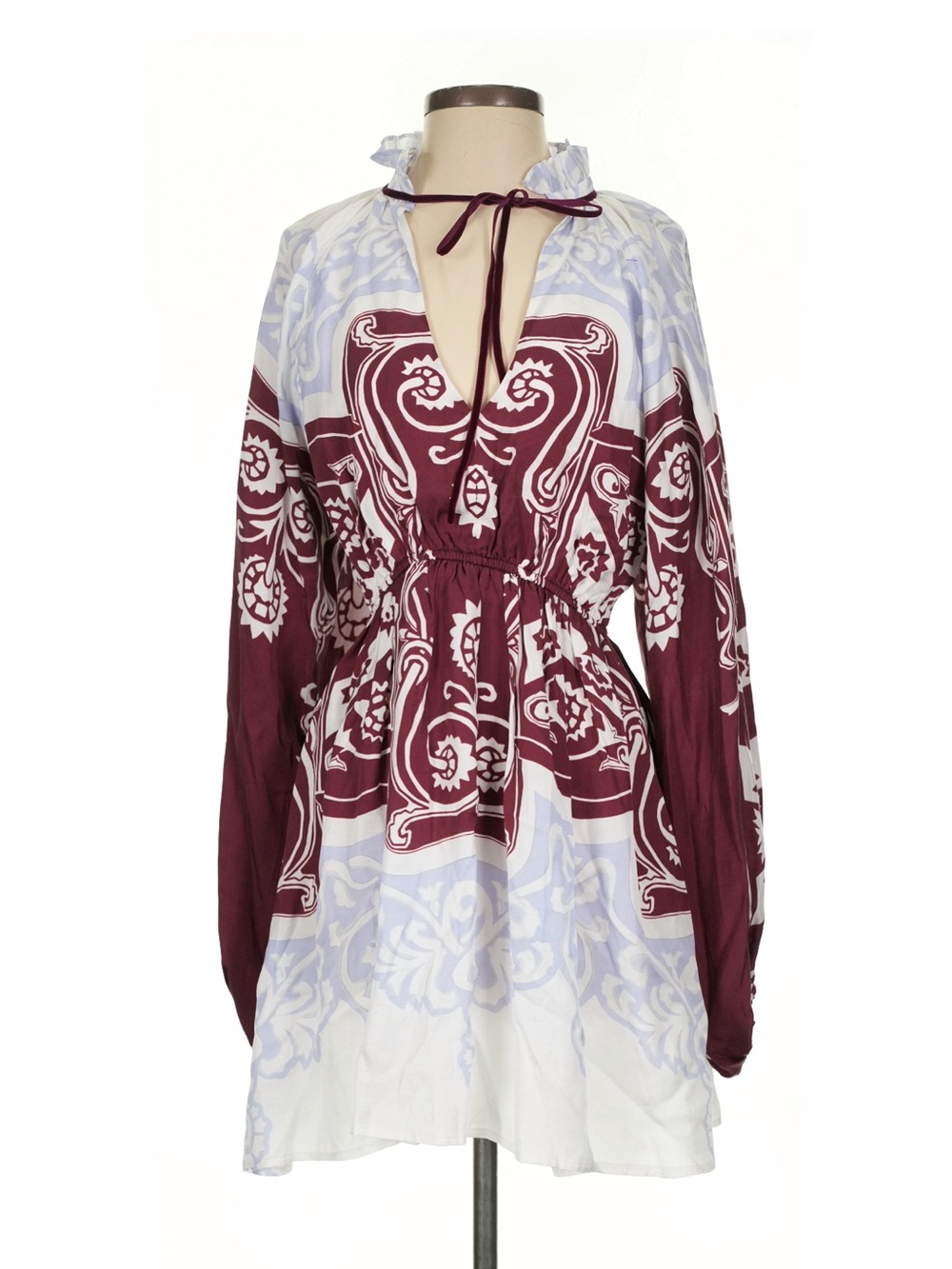 Boho Maroon & White Printed Tie-Neck Tunic